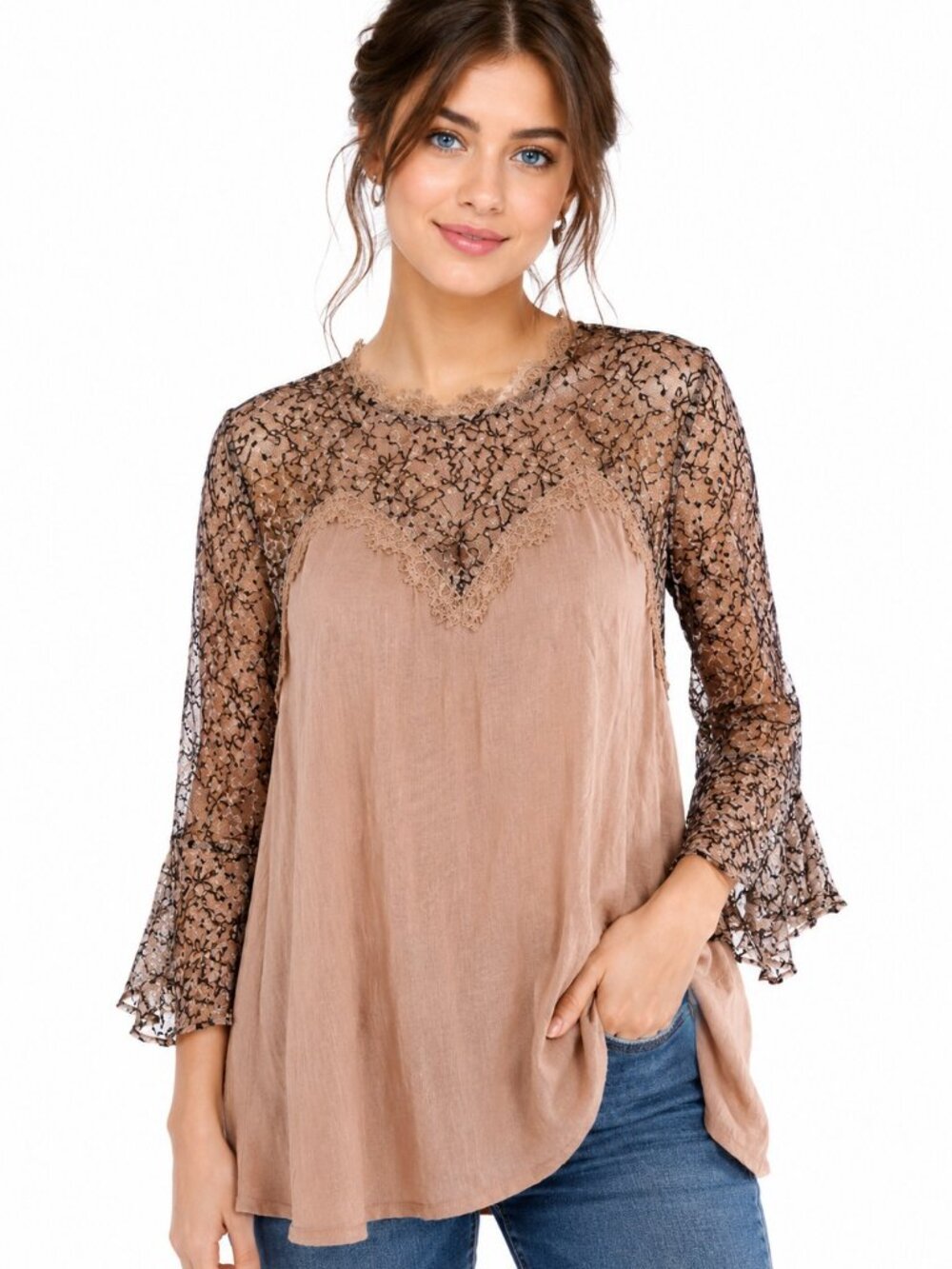 Umgee Blush Pink Lace Bell Sleeve Tunic Top Women's Medium Boho Romantic